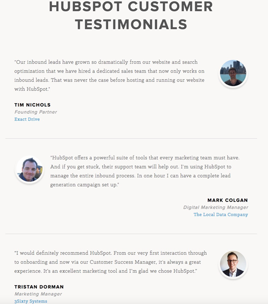 HubSpot的客戶評價頁面突出顯示了客戶積極正面的評價，給新的潛在客戶灌輸對HubSpot的信任。
